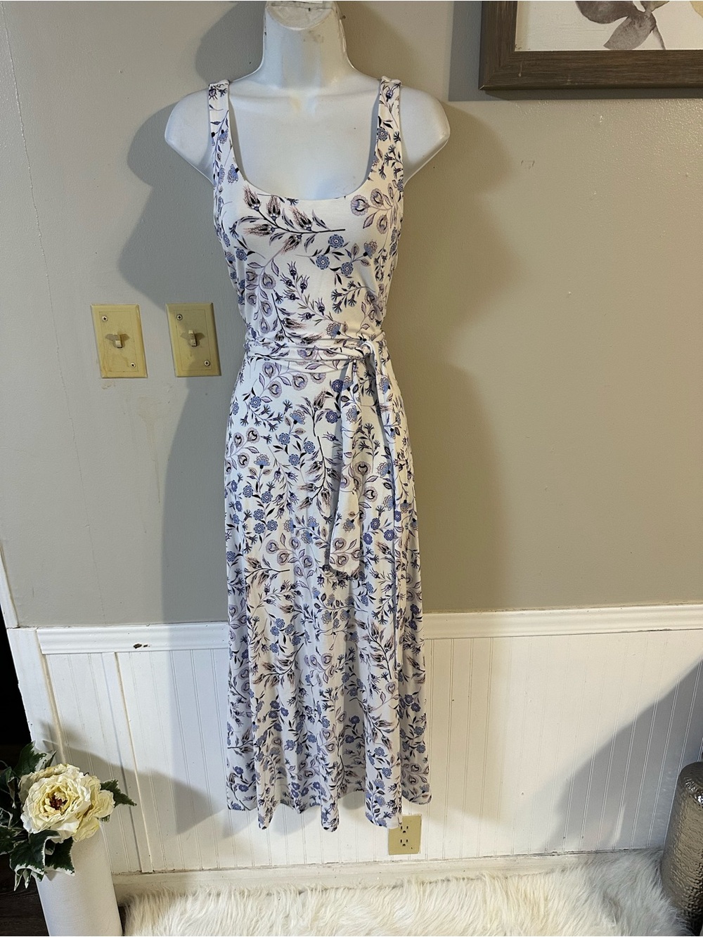 LOFT Cream Midi Dress with Blue Floral Print